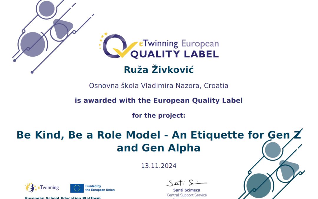 eTwinning projekt u kojem je sudjelovala naša pedagoginja Ruža Živković dobio je i Europsku oznaku kvalitete